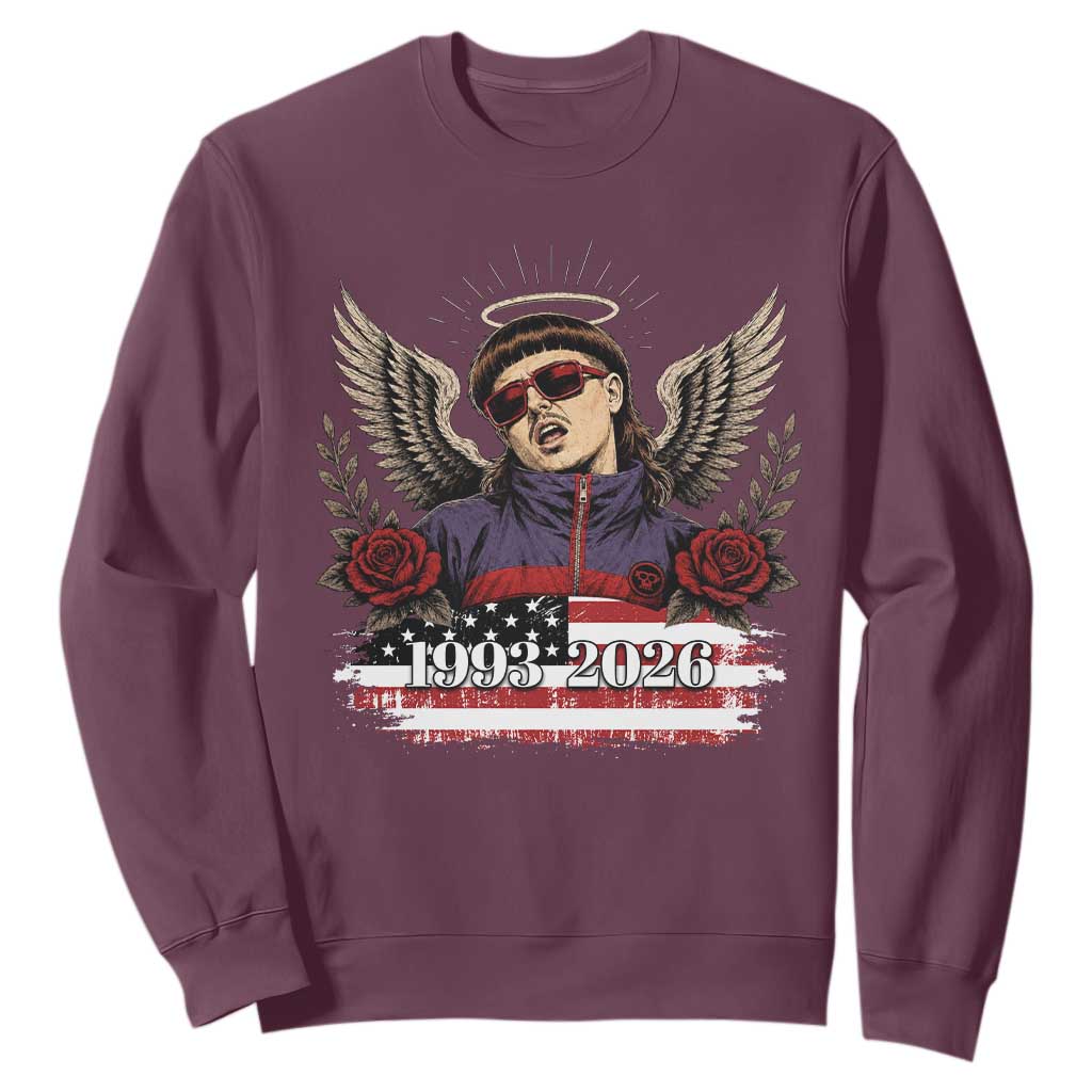 Retro Bowl Cut Music Icon Angel Wings Rest In Peace Sweatshirt American Flag Memorial 1993 2026 Pop Culture Fan