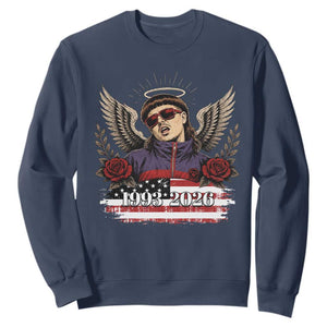 Retro Bowl Cut Music Icon Angel Wings Rest In Peace Sweatshirt American Flag Memorial 1993 2026 Pop Culture Fan