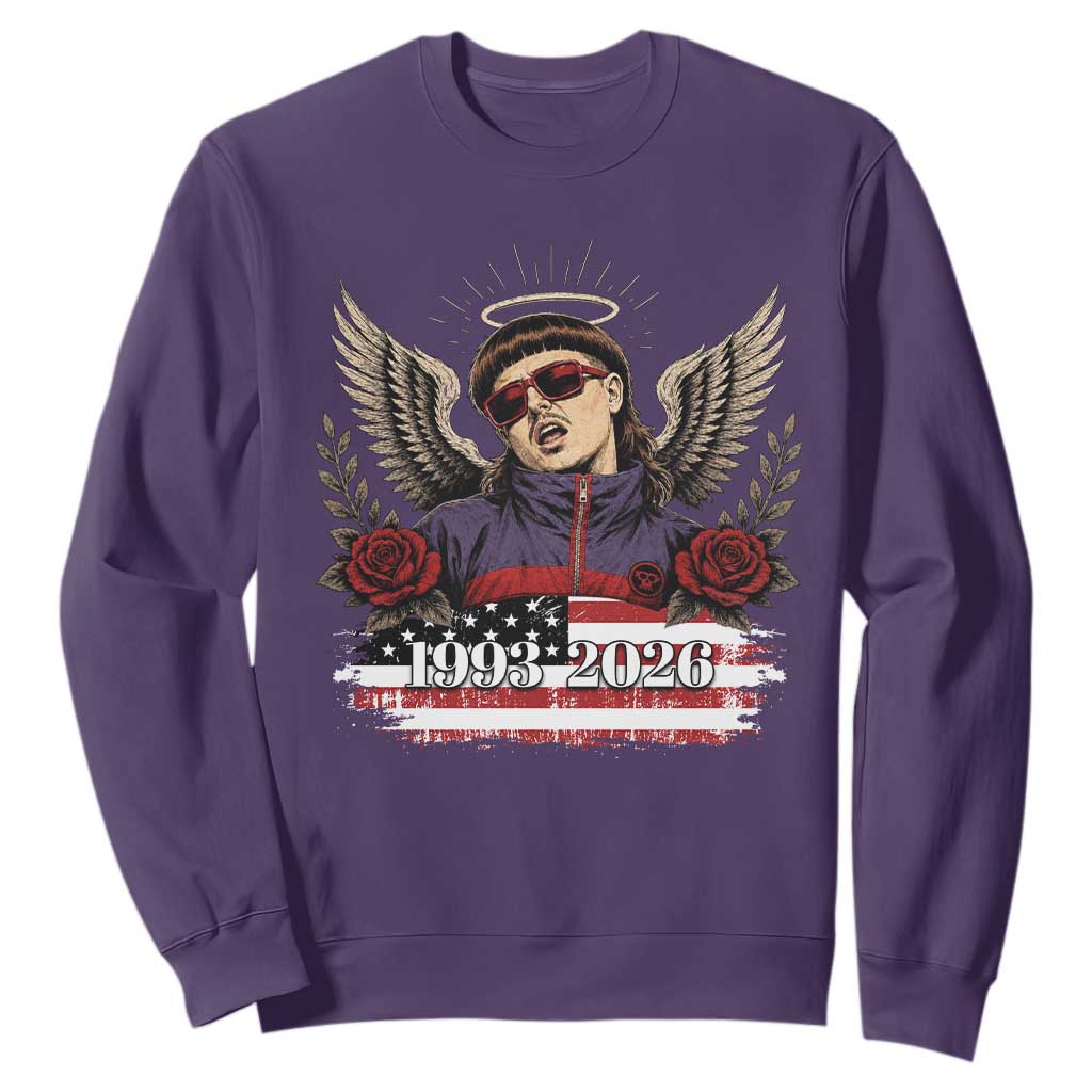 Retro Bowl Cut Music Icon Angel Wings Rest In Peace Sweatshirt American Flag Memorial 1993 2026 Pop Culture Fan