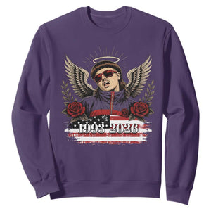 Retro Bowl Cut Music Icon Angel Wings Rest In Peace Sweatshirt American Flag Memorial 1993 2026 Pop Culture Fan