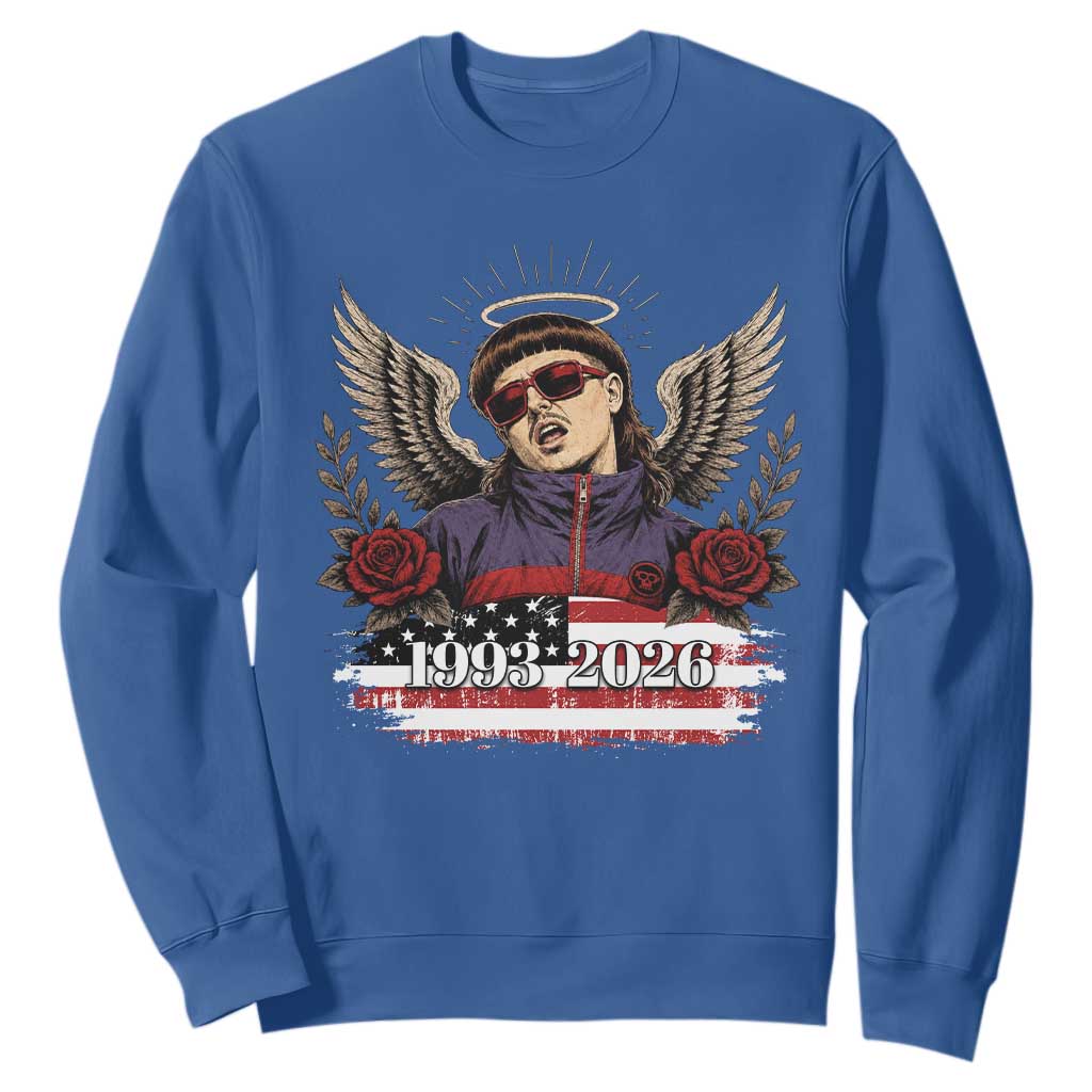 Retro Bowl Cut Music Icon Angel Wings Rest In Peace Sweatshirt American Flag Memorial 1993 2026 Pop Culture Fan