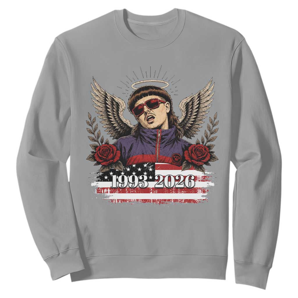 Retro Bowl Cut Music Icon Angel Wings Rest In Peace Sweatshirt American Flag Memorial 1993 2026 Pop Culture Fan