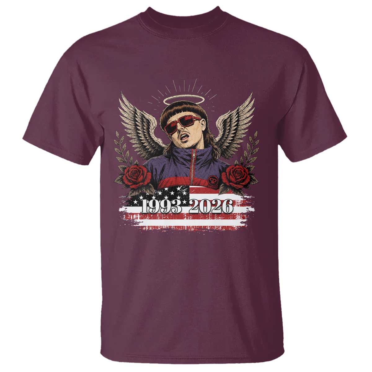 Retro Bowl Cut Music Icon Angel Wings Rest In Peace T Shirt American Flag Memorial 1993 2026 Pop Culture Fan