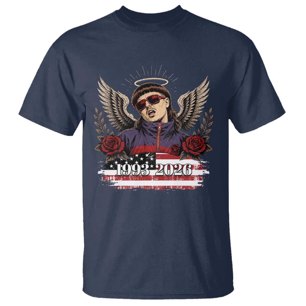 Retro Bowl Cut Music Icon Angel Wings Rest In Peace T Shirt American Flag Memorial 1993 2026 Pop Culture Fan