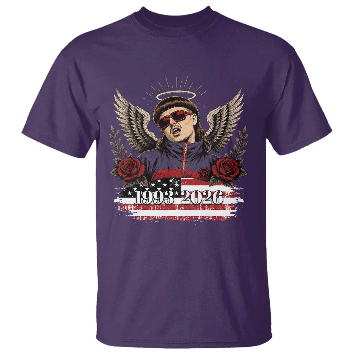 Retro Bowl Cut Music Icon Angel Wings Rest In Peace T Shirt American Flag Memorial 1993 2026 Pop Culture Fan