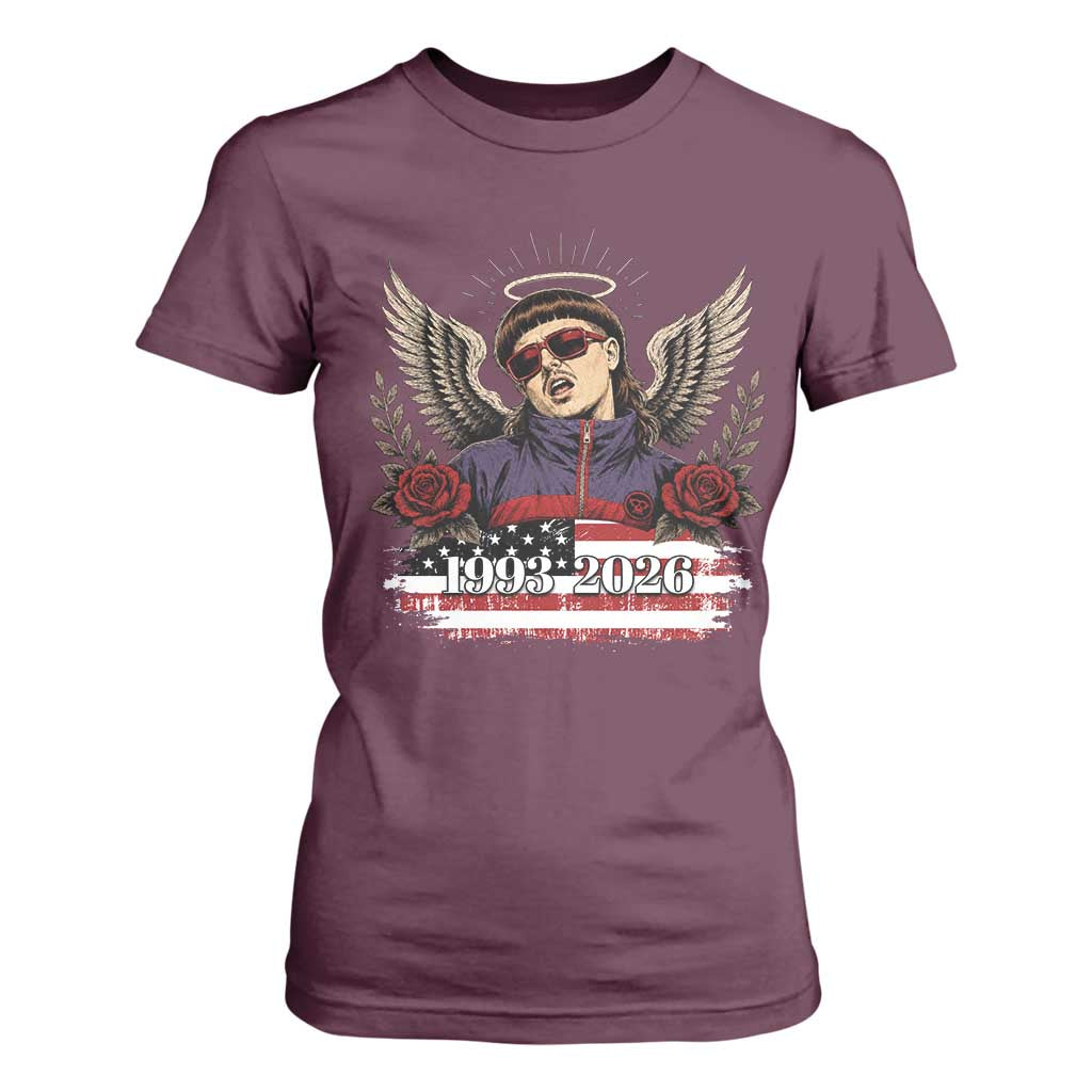 Retro Bowl Cut Music Icon Angel Wings Rest In Peace T Shirt For Women American Flag Memorial 1993 2026 Pop Culture Fan