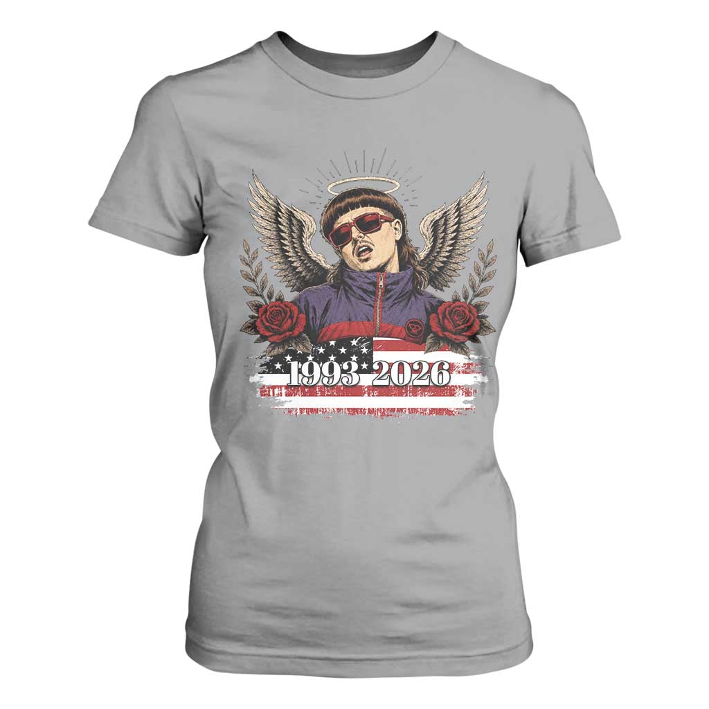 Retro Bowl Cut Music Icon Angel Wings Rest In Peace T Shirt For Women American Flag Memorial 1993 2026 Pop Culture Fan