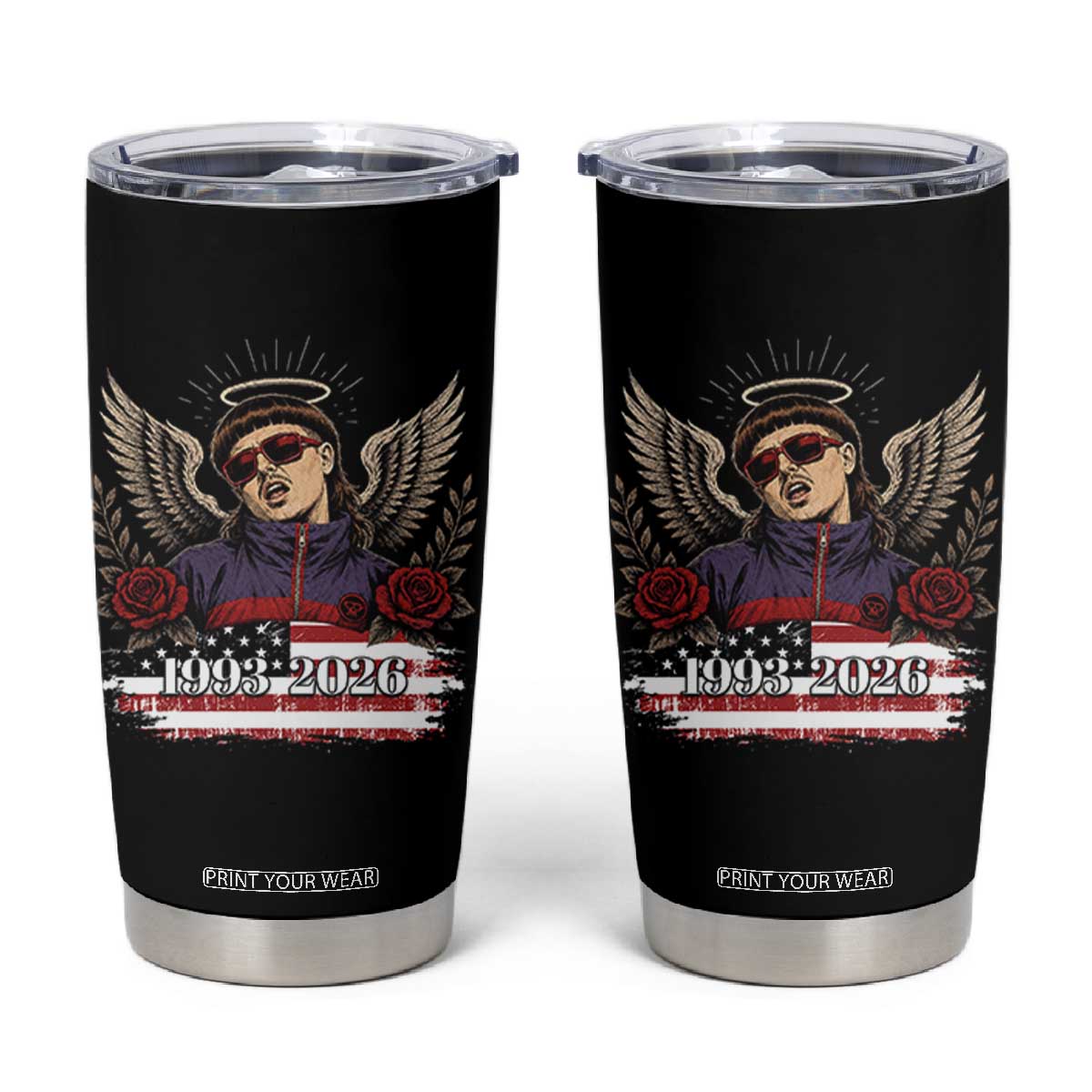 Retro Bowl Cut Music Icon Angel Wings Rest In Peace Tumbler Cup American Flag Memorial 1993 2026 Pop Culture Fan