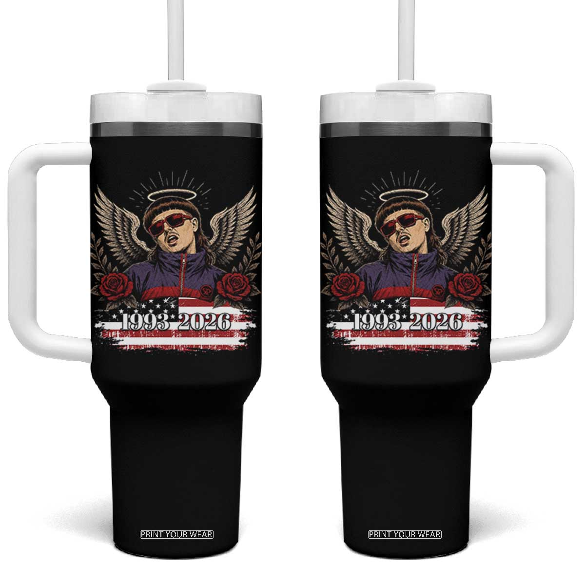 Retro Bowl Cut Music Icon Angel Wings Rest In Peace Tumbler With Handle American Flag Memorial 1993 2026 Pop Culture Fan