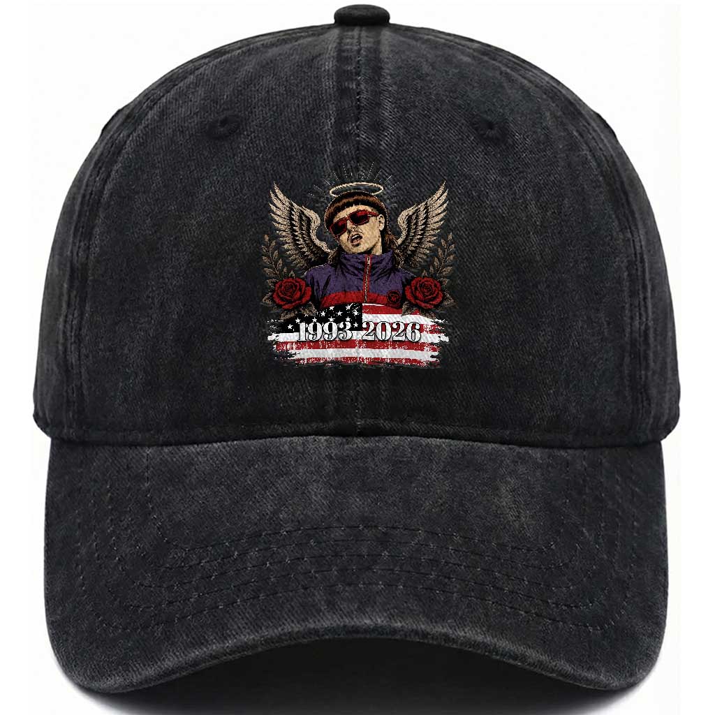 Retro Bowl Cut Music Icon Angel Wings Rest In Peace Washed Cotton Baseball Cap American Flag Memorial 1993 2026 Pop Culture Fan