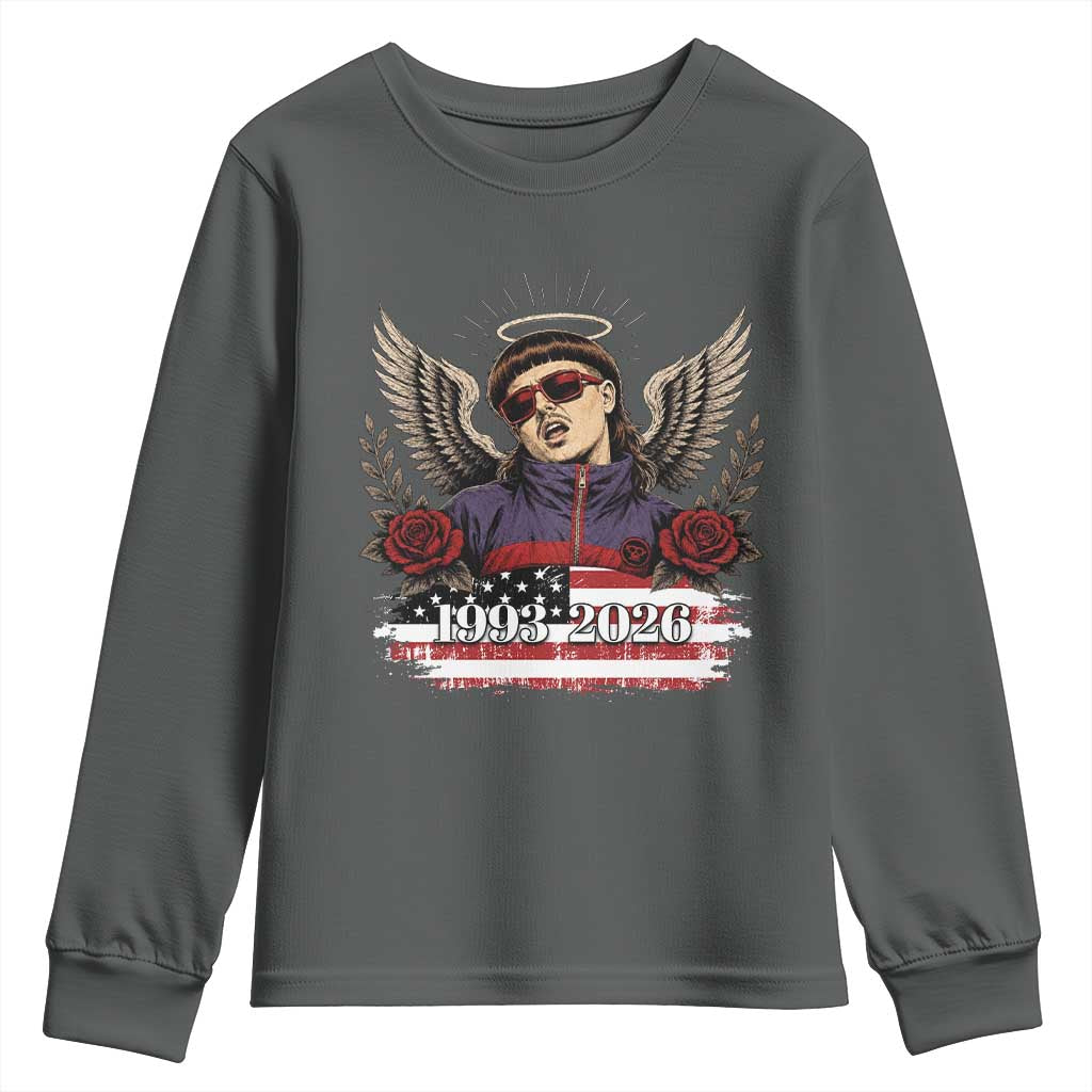Retro Bowl Cut Music Icon Angel Wings Rest In Peace Youth Sweatshirt American Flag Memorial 1993 2026 Pop Culture Fan