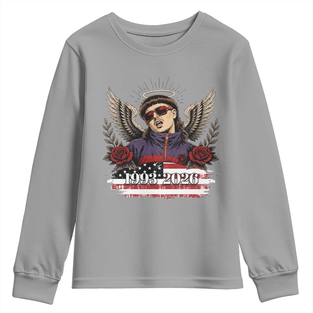 Retro Bowl Cut Music Icon Angel Wings Rest In Peace Youth Sweatshirt American Flag Memorial 1993 2026 Pop Culture Fan