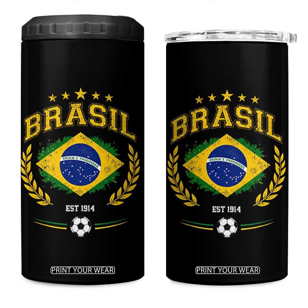 Retro Brasil Soccer Pride Crest Est 1914 4 in 1 Can Cooler Tumbler Vintage Brazil Flag Futbol Lover Football Fans