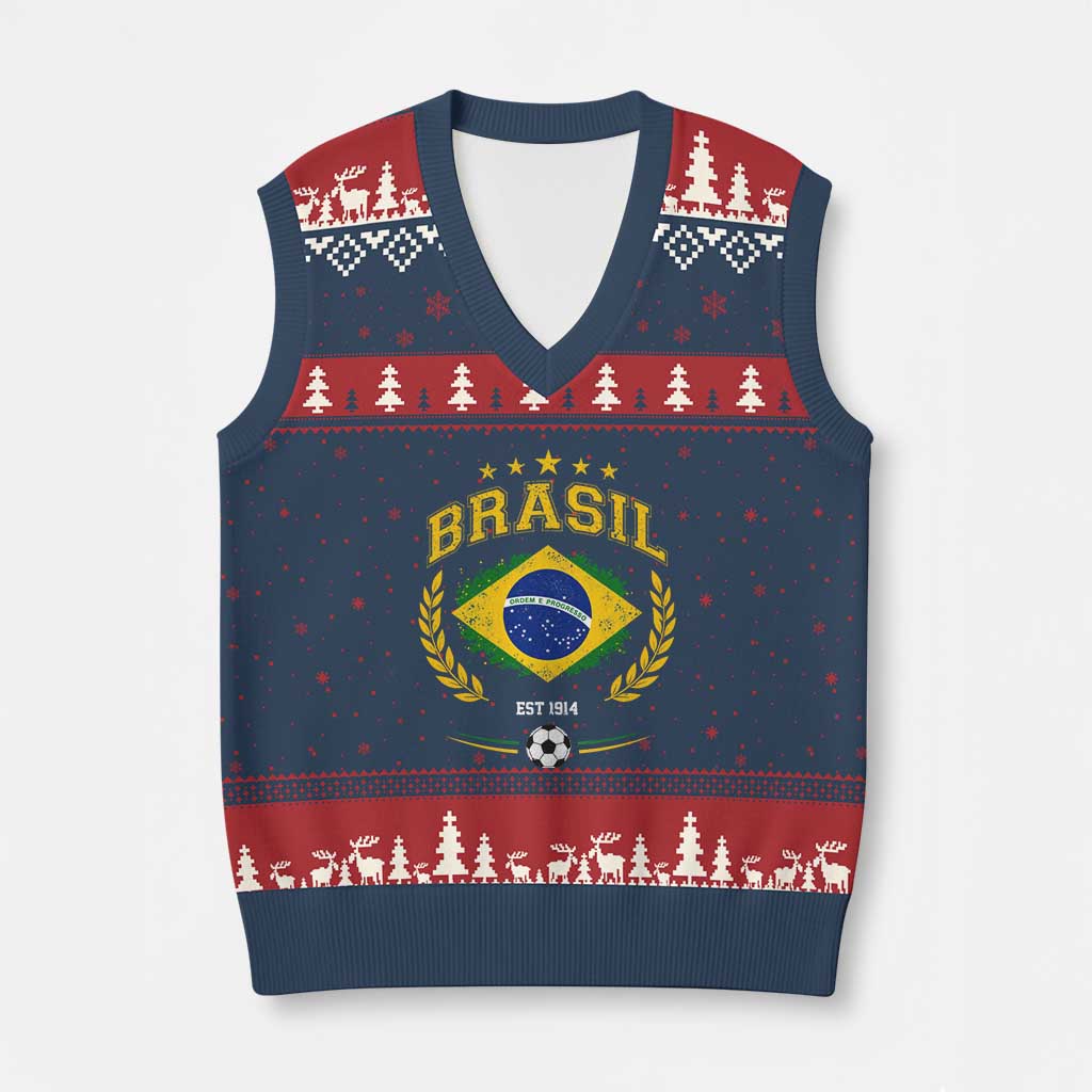 Retro Brasil Soccer Pride Crest Est 1914 V-Neck Knit Sweater Vest Vintage Brazil Flag Futbol Lover Football Fans