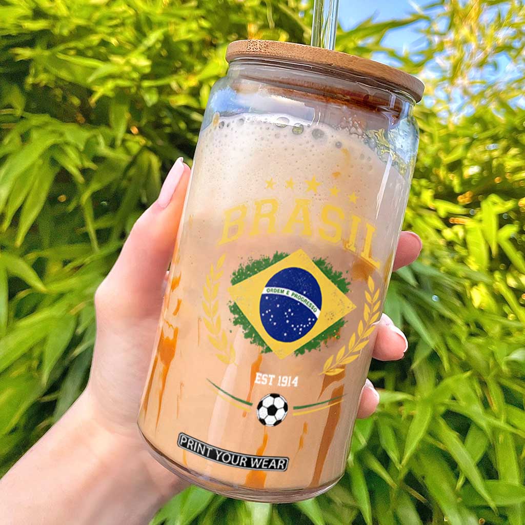 Retro Brasil Soccer Pride Crest Est 1914 Glass Can Vintage Brazil Flag Futbol Lover Football Fans