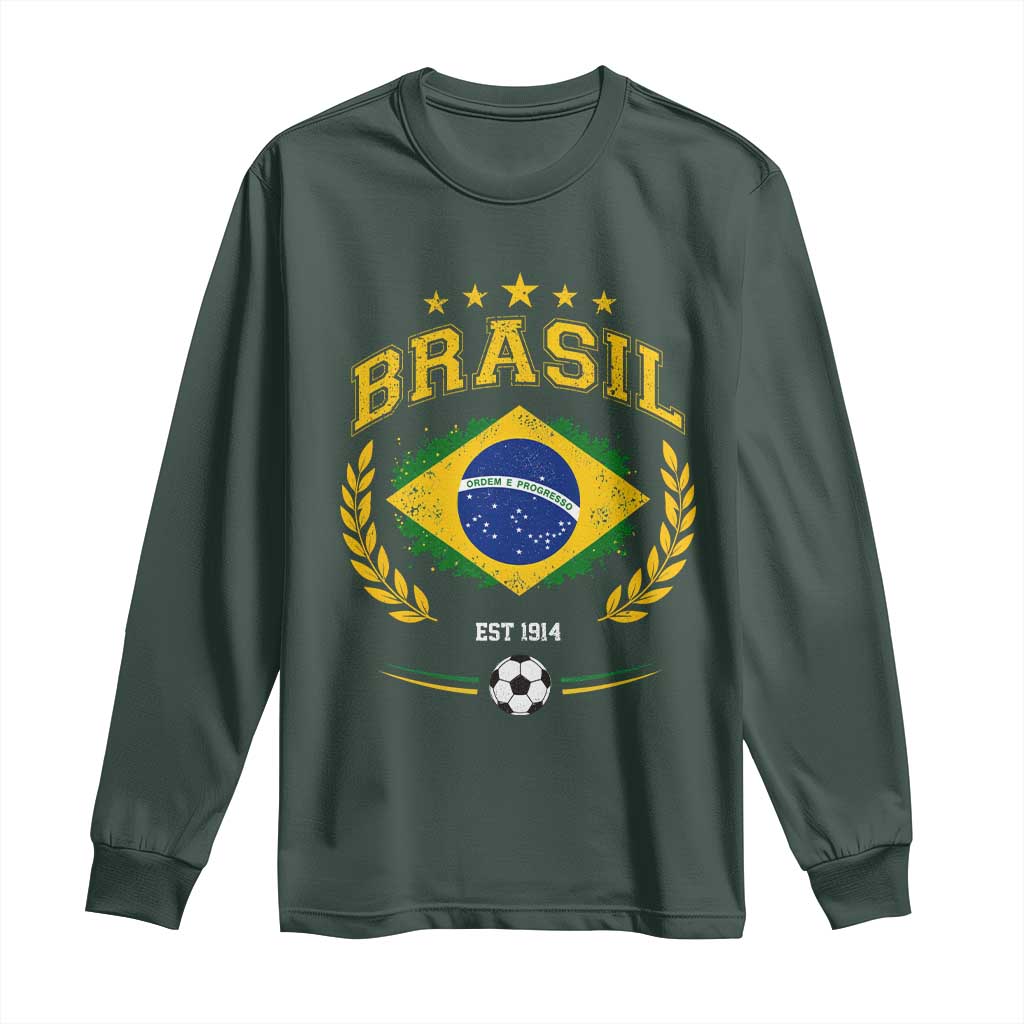 Retro Brasil Soccer Pride Crest Est 1914 Long Sleeve Shirt Vintage Brazil Flag Futbol Lover Football Fans
