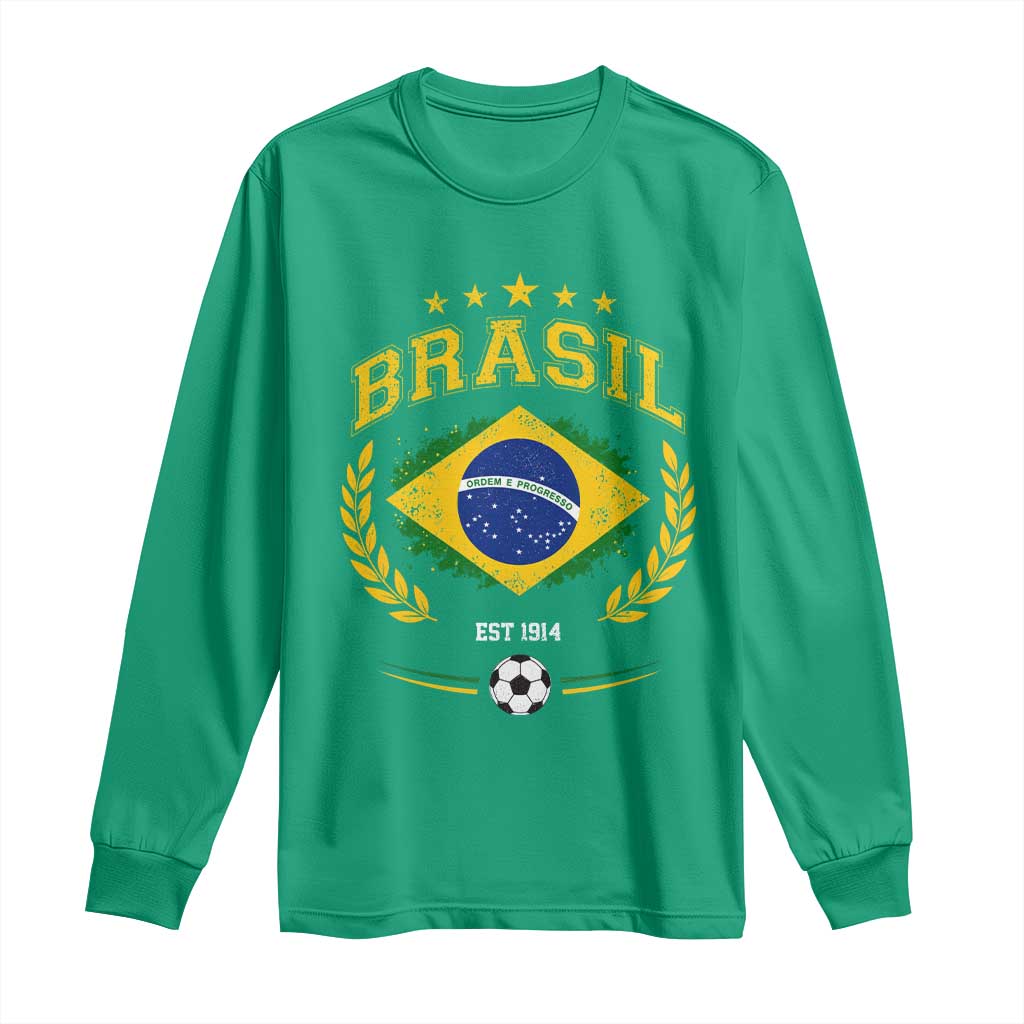 Retro Brasil Soccer Pride Crest Est 1914 Long Sleeve Shirt Vintage Brazil Flag Futbol Lover Football Fans TS02 Irish Green Print Your Wear