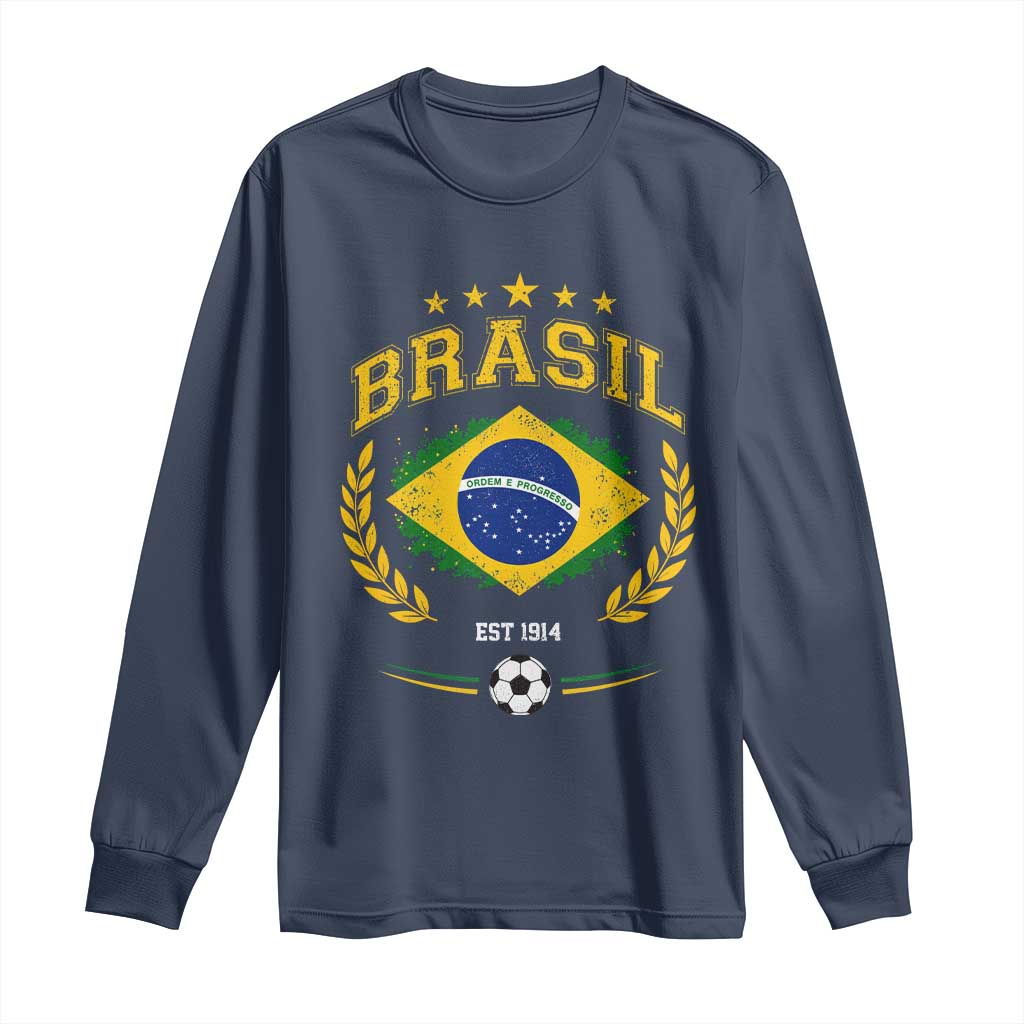 Retro Brasil Soccer Pride Crest Est 1914 Long Sleeve Shirt Vintage Brazil Flag Futbol Lover Football Fans