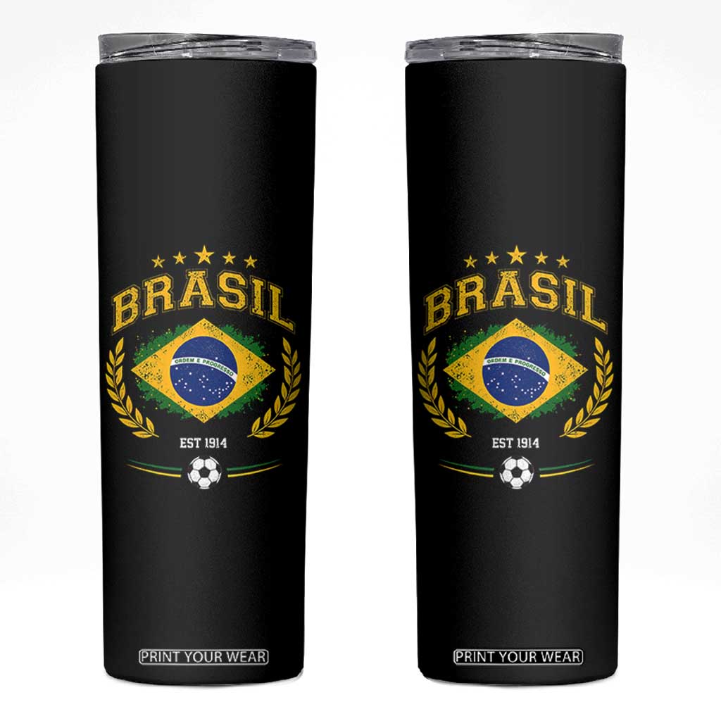 Retro Brasil Soccer Pride Crest Est 1914 Skinny Tumbler Vintage Brazil Flag Futbol Lover Football Fans