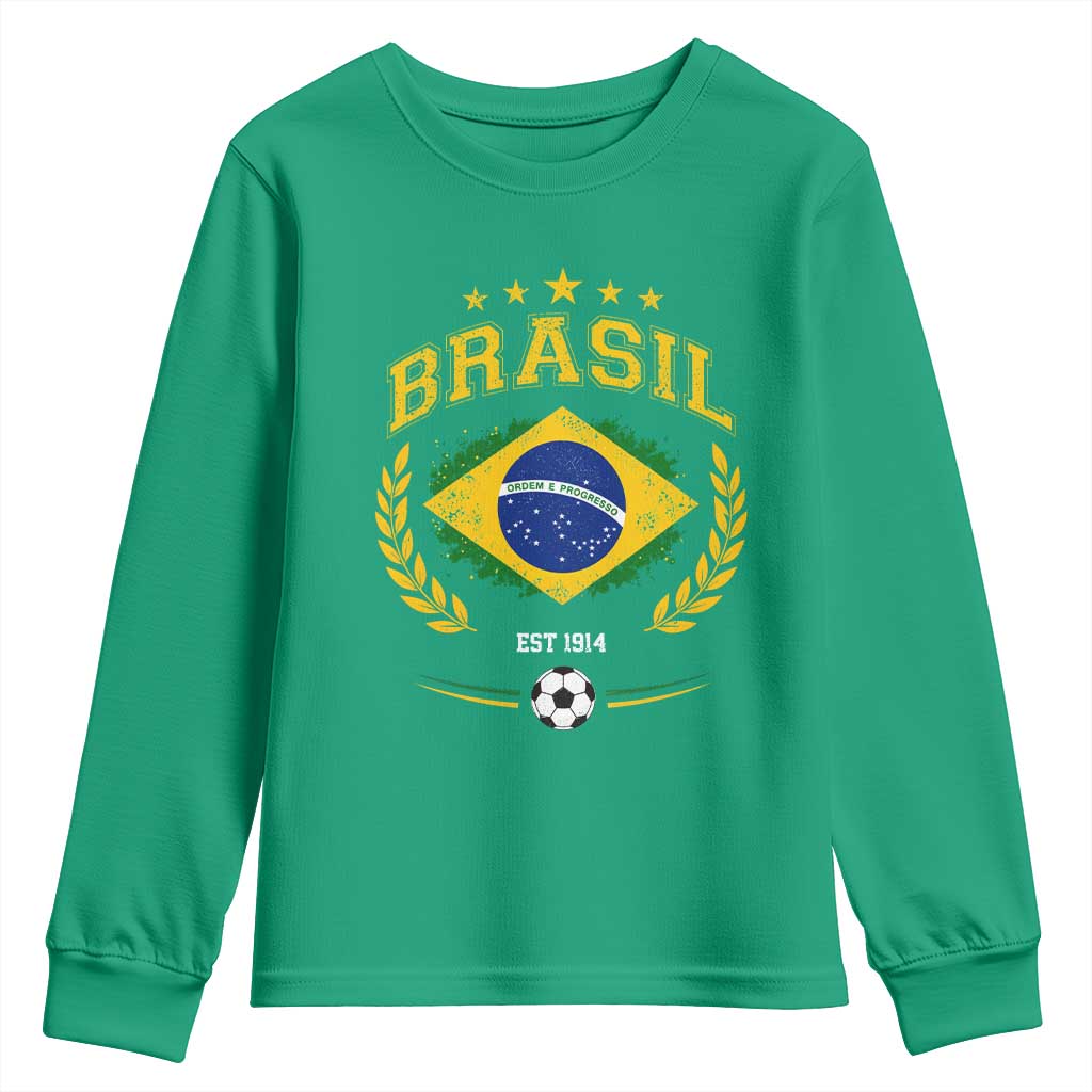Retro Brasil Soccer Pride Crest Est 1914 Youth Sweatshirt Vintage Brazil Flag Futbol Lover Football Fans TS02 Irish Green Print Your Wear