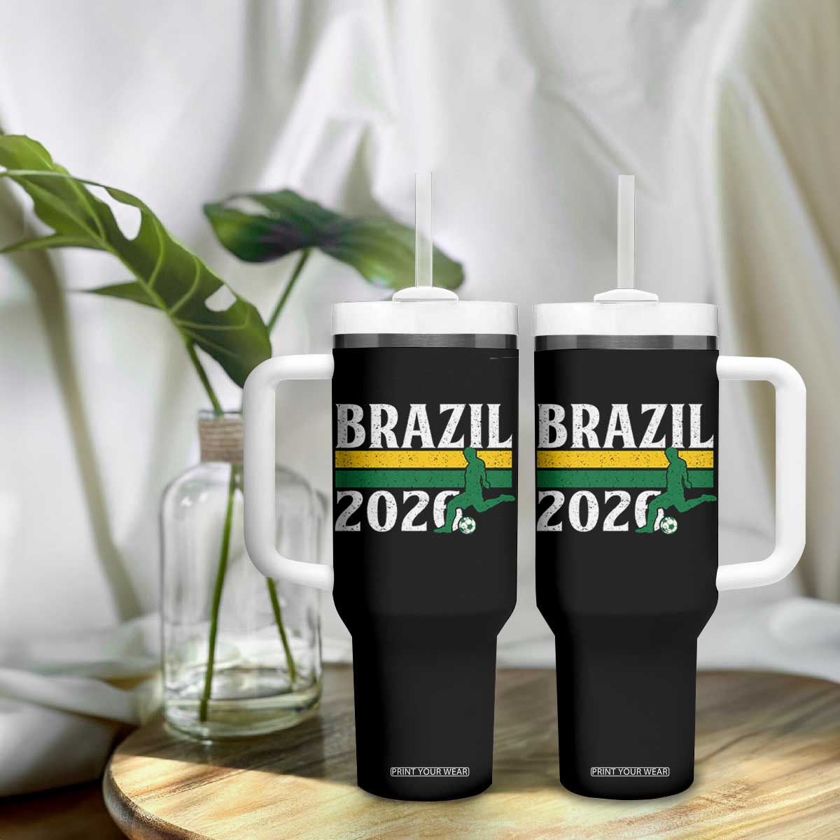 Vintage Brazil 2026 Soccer Player Tumbler With Handle Retro Brasil Futbol Football Fans Sports Lover