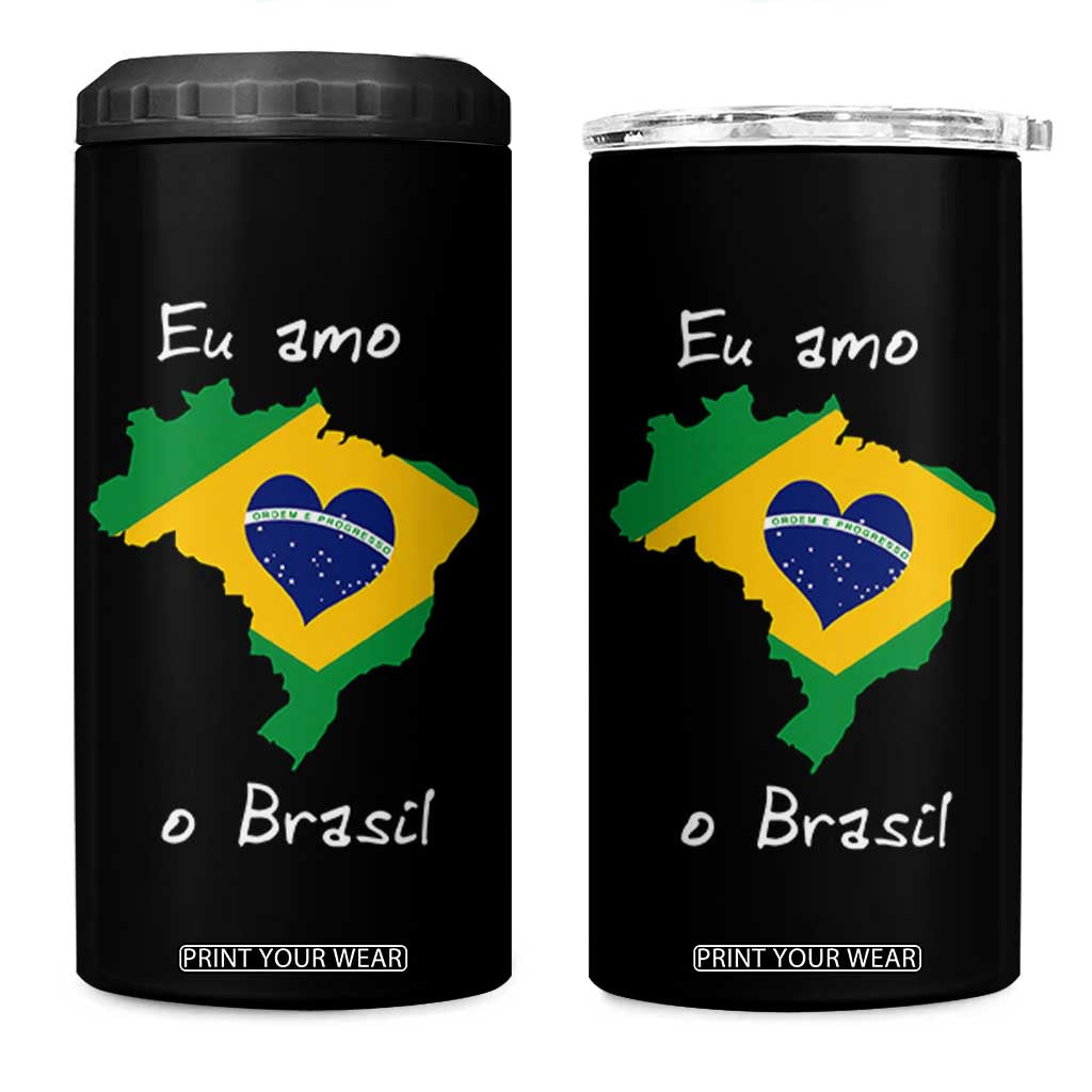 Eu Amo O Brasil Flag Map 4 in 1 Can Cooler Tumbler I Love Brazil Patriotic Heart Brazilian Pride