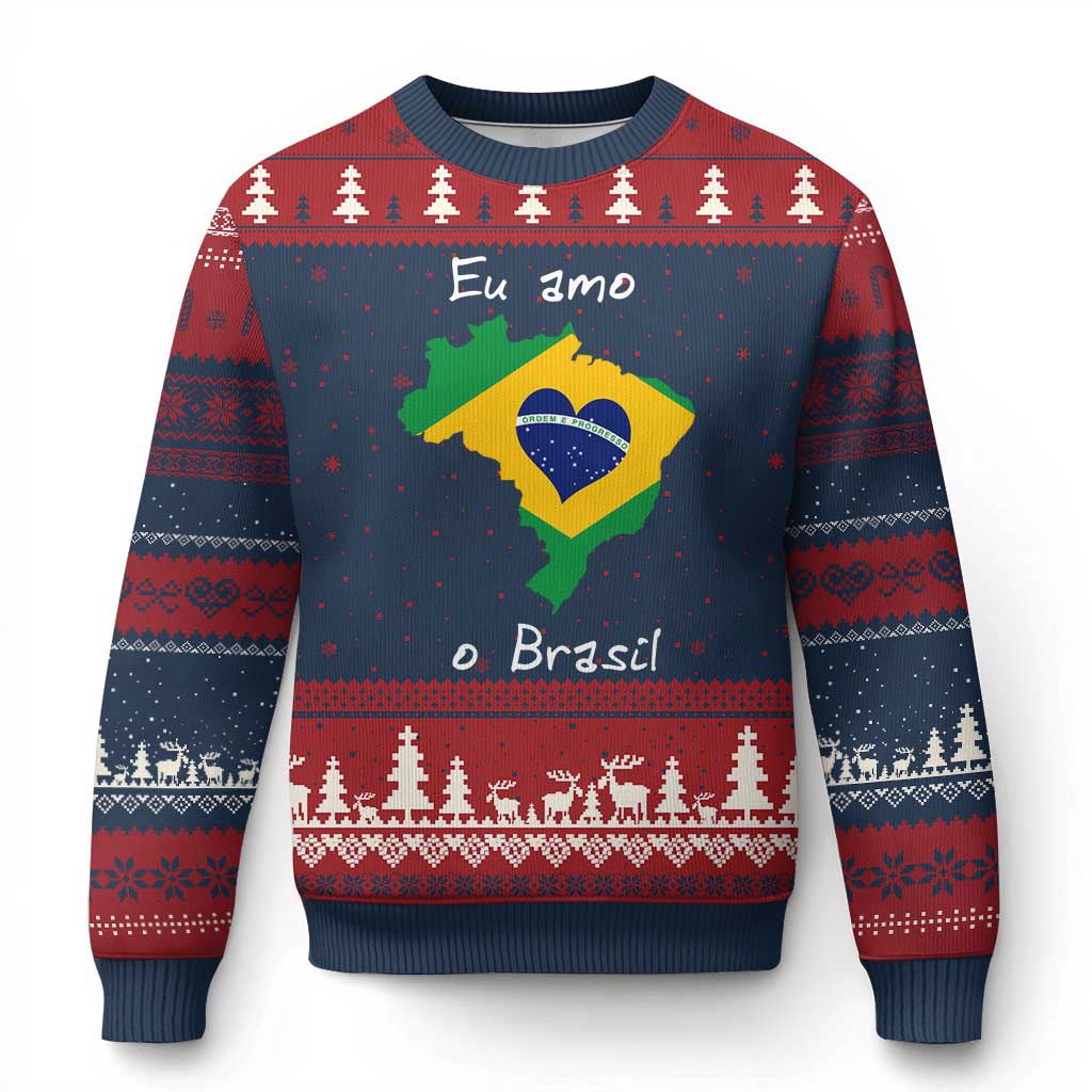 Eu Amo O Brasil Flag Map Ugly Christmas Sweater I Love Brazil Patriotic Heart Brazilian Pride TS02 Navy Red Print Your Wear
