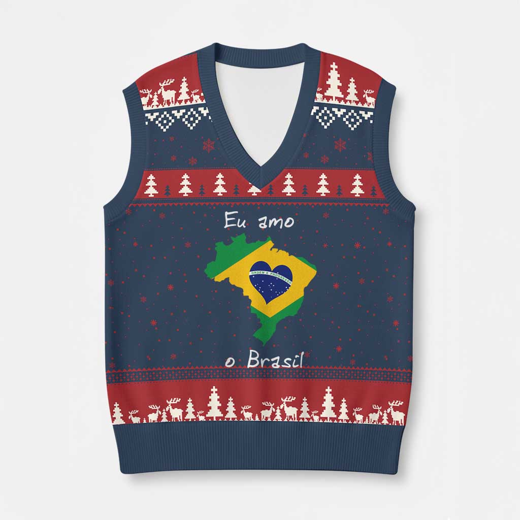Eu Amo O Brasil Flag Map V-Neck Knit Sweater Vest I Love Brazil Patriotic Heart Brazilian Pride TS02 Navy Red Print Your Wear