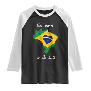 Eu Amo O Brasil Flag Map Raglan Shirt I Love Brazil Patriotic Heart Brazilian Pride