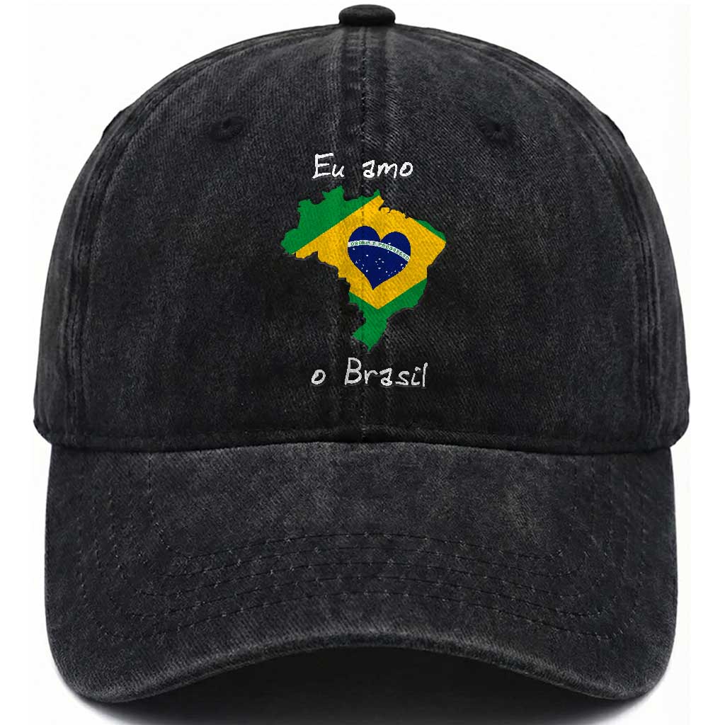 Eu Amo O Brasil Flag Map Washed Cotton Baseball Cap I Love Brazil Patriotic Heart Brazilian Pride TS02 Print Your Wear