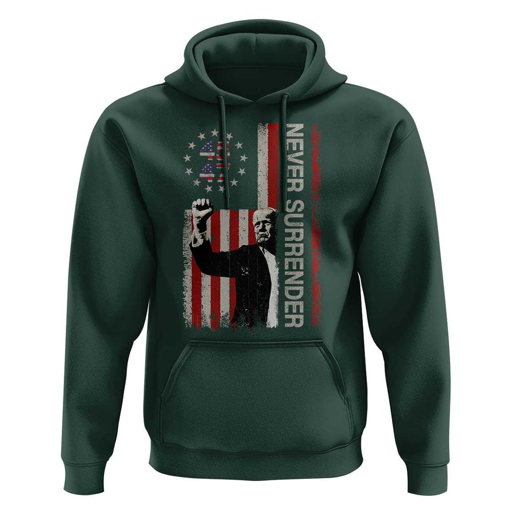 Trump Raised Fist Hoodie Never Surrender President 45 47 US Flag TS02 Dark Forest Green Print Your Wear