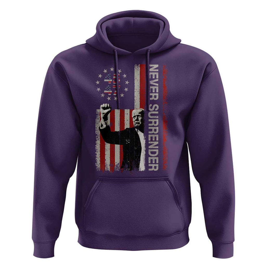 Trump Raised Fist Hoodie Never Surrender President 45 47 US Flag TS02 Purple Print Your Wear