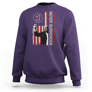 Trump Raised Fist Sweatshirt Never Surrender President 45 47 US Flag TS02 Purple Print Your Wear