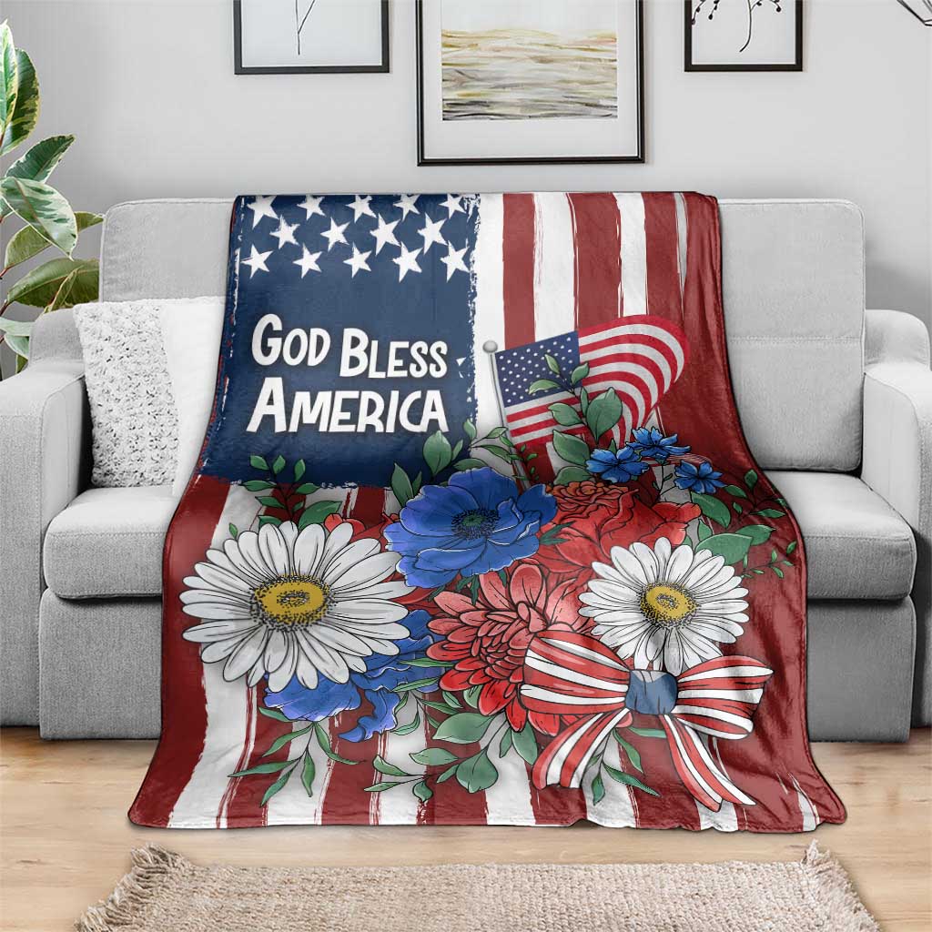 God Bless America Patriotic Floral Throw Blanket Red White Blue Daisy Bouquet 4th of July Independence Day Celebration TS02 Print Your Wear