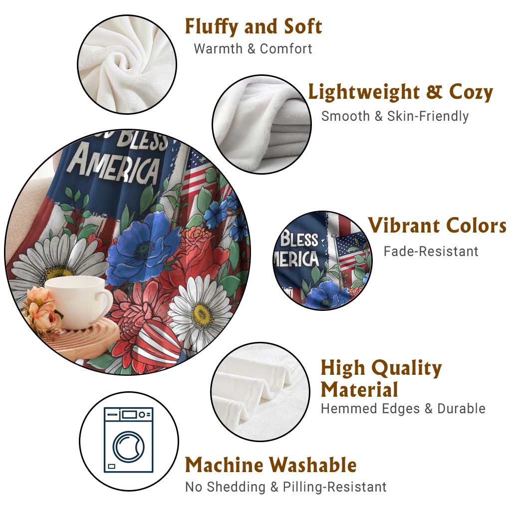 God Bless America Patriotic Floral Throw Blanket Red White Blue Daisy Bouquet 4th of July Independence Day Celebration TS02 Print Your Wear
