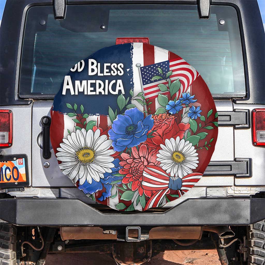 God Bless America Patriotic Floral Spare Tire Cover Red White Blue Daisy Bouquet 4th of July Independence Day Celebration TS02 No hole Multicolor Print Your Wear