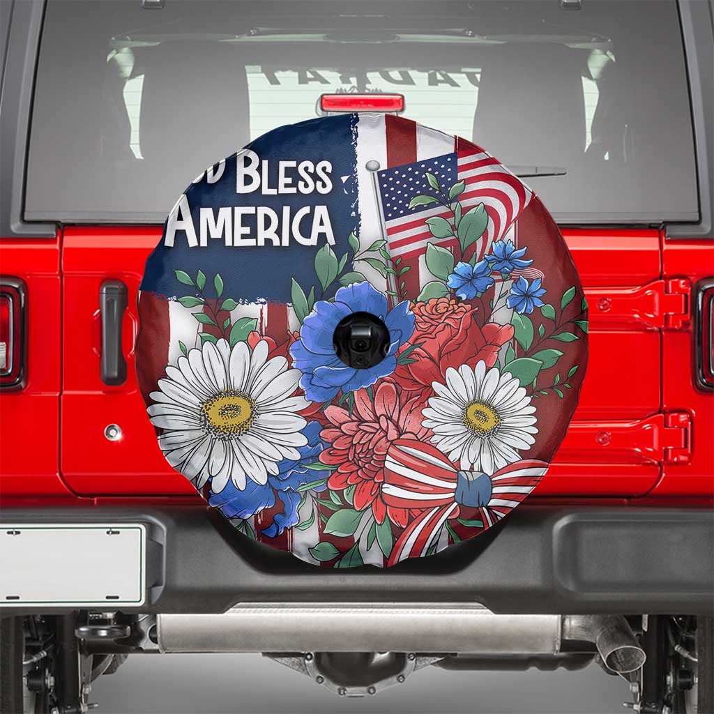 God Bless America Patriotic Floral Spare Tire Cover Red White Blue Daisy Bouquet 4th of July Independence Day Celebration TS02 Multicolor Print Your Wear