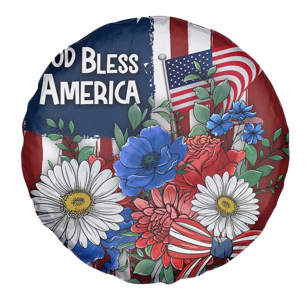 God Bless America Patriotic Floral Spare Tire Cover Red White Blue Daisy Bouquet 4th of July Independence Day Celebration TS02 Print Your Wear
