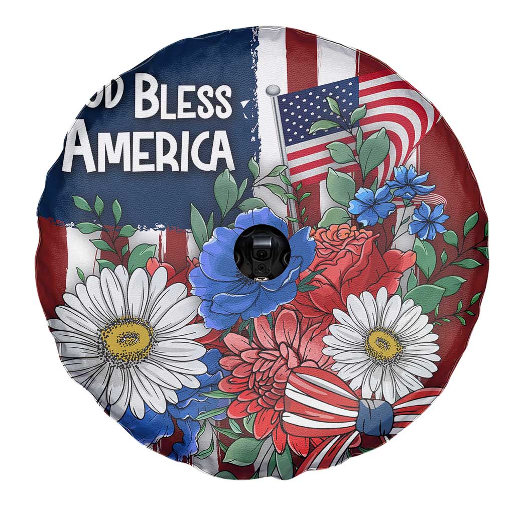 God Bless America Patriotic Floral Spare Tire Cover Red White Blue Daisy Bouquet 4th of July Independence Day Celebration TS02 Print Your Wear