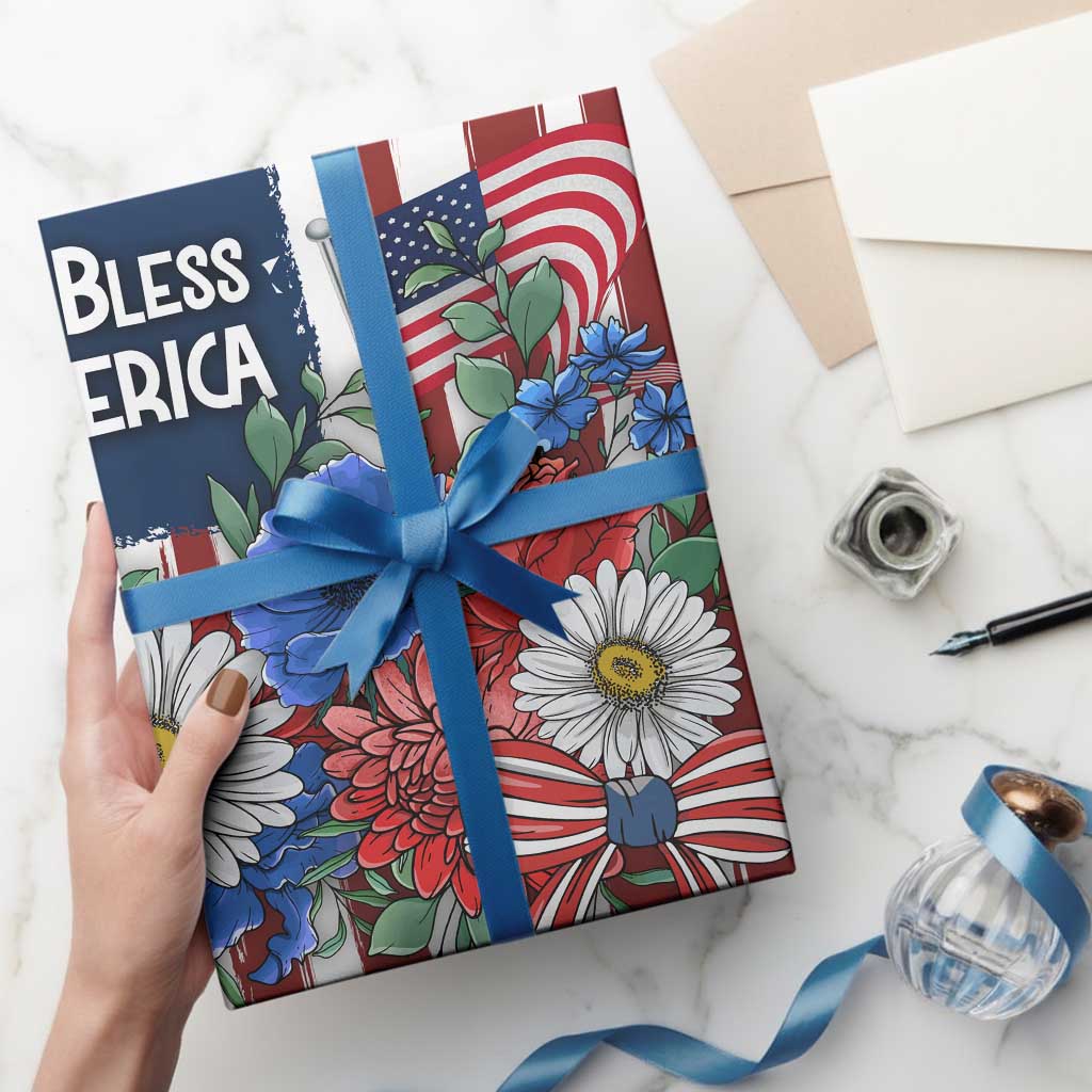 God Bless America Patriotic Floral Wrapping Paper Roll Red White Blue Daisy Bouquet 4th of July Independence Day Celebration TS02 Print Your Wear