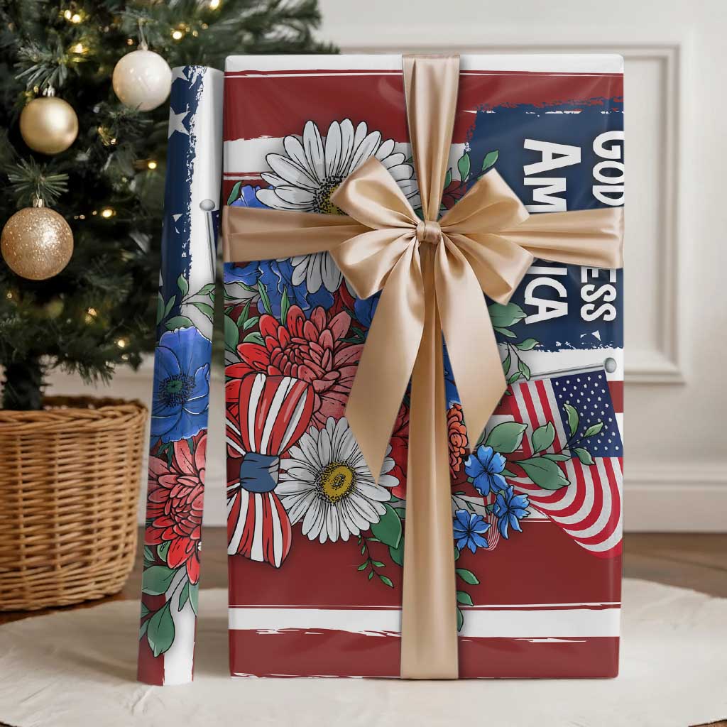 God Bless America Patriotic Floral Wrapping Paper Roll Red White Blue Daisy Bouquet 4th of July Independence Day Celebration TS02 Glossy Multicolor Print Your Wear