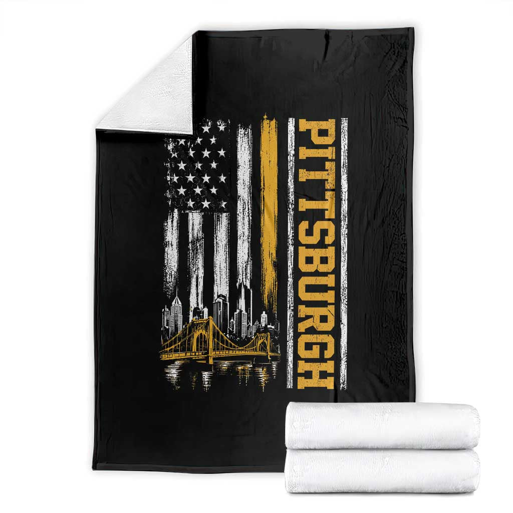 Pittsburgh City Skyline Roberto Clemente Bridge Graphic Throw Blanket American Flag Yellow Bridge City Hometown Pride TS02 Black Print Your Wear