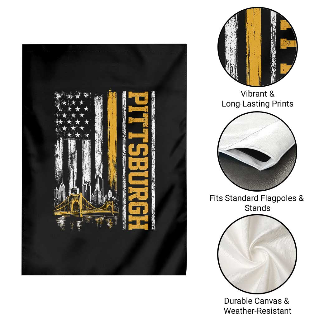 Pittsburgh City Skyline Roberto Clemente Bridge Graphic Garden Flag American Flag Yellow Bridge City Hometown Pride