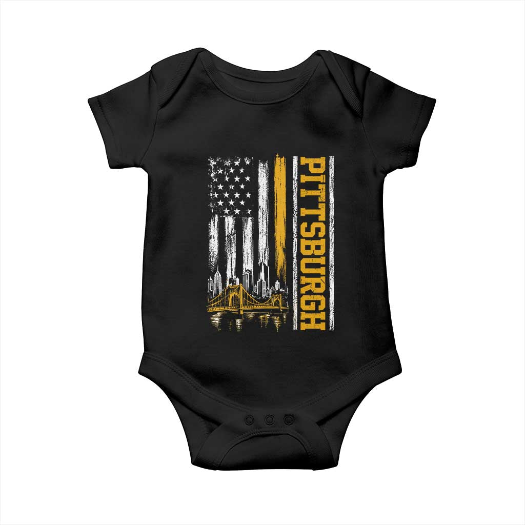 Pittsburgh City Skyline Roberto Clemente Bridge Graphic Baby Onesie American Flag Yellow Bridge City Hometown Pride TS02 Black Print Your Wear