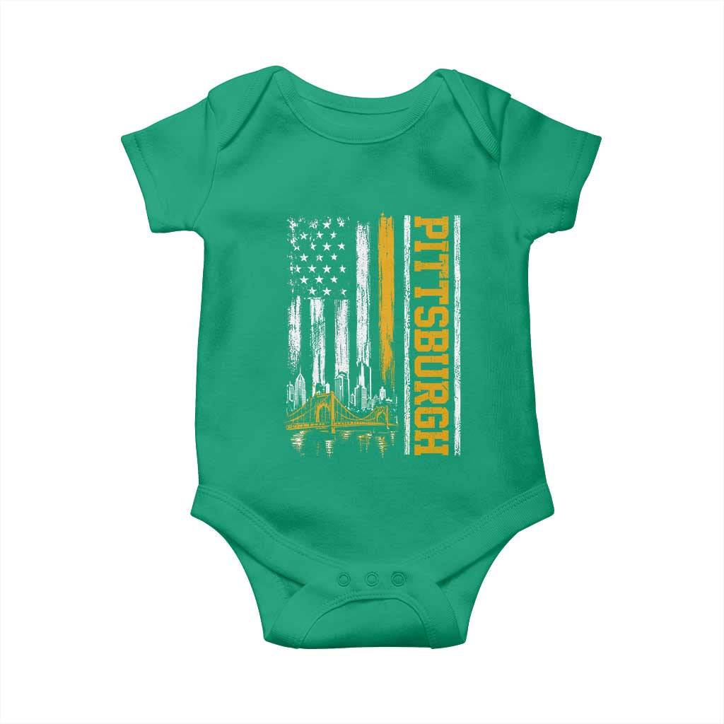 Pittsburgh City Skyline Roberto Clemente Bridge Graphic Baby Onesie American Flag Yellow Bridge City Hometown Pride