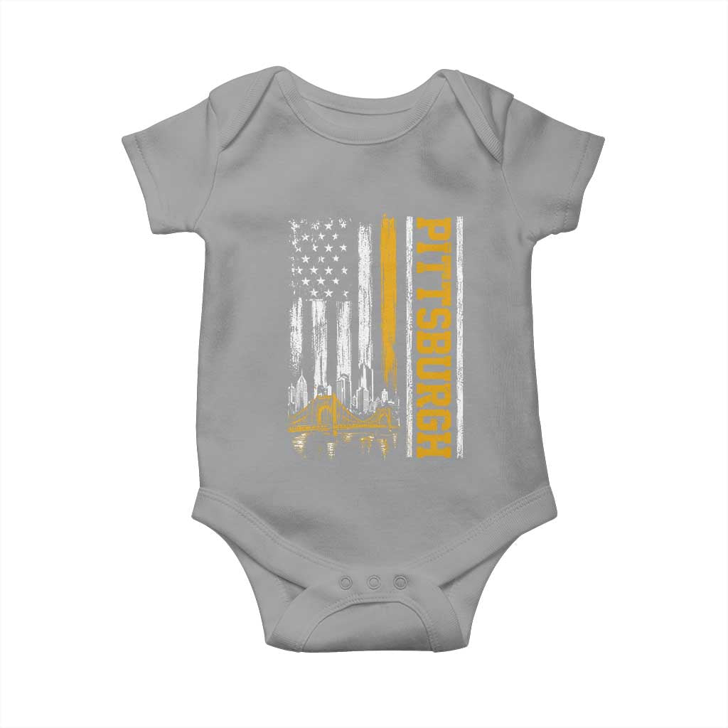 Pittsburgh City Skyline Roberto Clemente Bridge Graphic Baby Onesie American Flag Yellow Bridge City Hometown Pride
