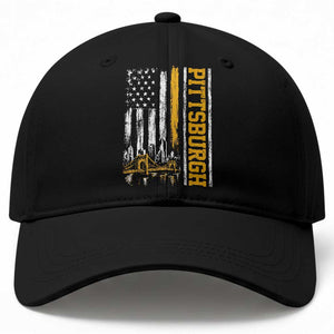 Pittsburgh City Skyline Roberto Clemente Bridge Graphic Baseball Cap American Flag Yellow Bridge City Hometown Pride