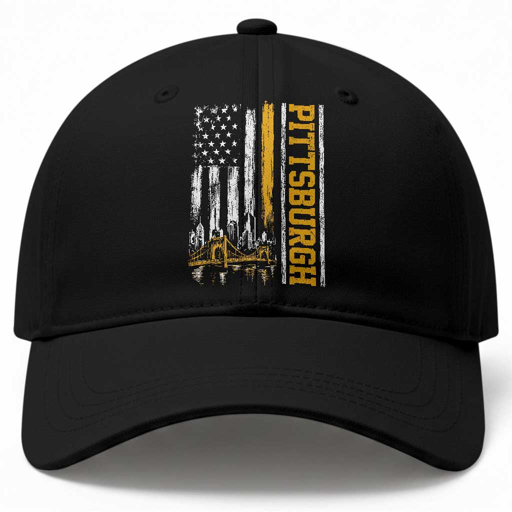 Pittsburgh City Skyline Roberto Clemente Bridge Graphic Baseball Cap American Flag Yellow Bridge City Hometown Pride TS02 Print Your Wear