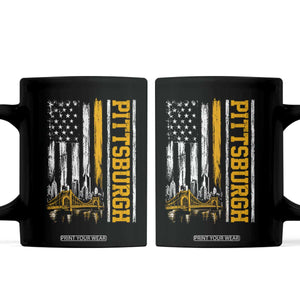 Pittsburgh City Skyline Roberto Clemente Bridge Graphic Coffee Mug American Flag Yellow Bridge City Hometown Pride