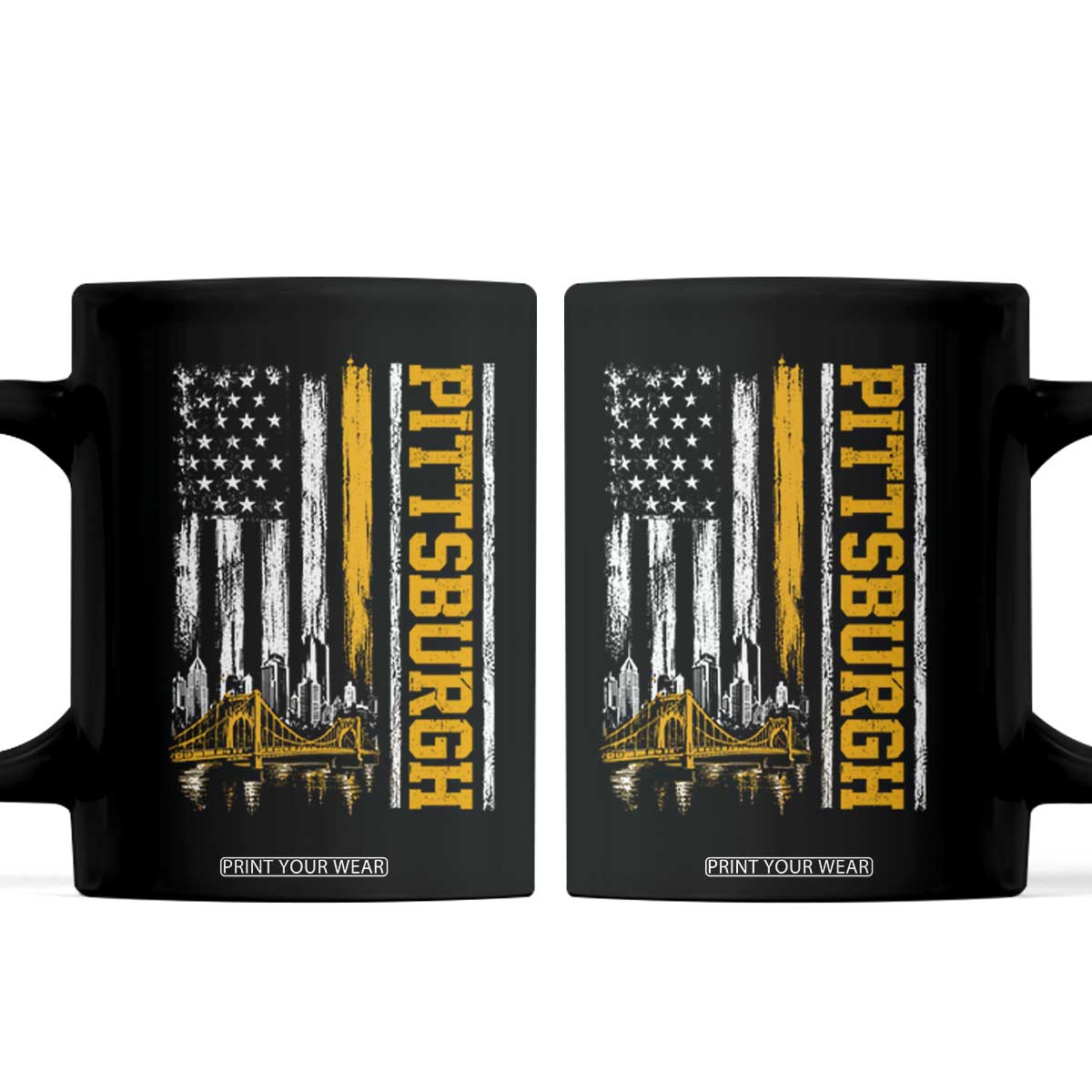 Pittsburgh City Skyline Roberto Clemente Bridge Graphic Coffee Mug American Flag Yellow Bridge City Hometown Pride TS02 Black Print Your Wear